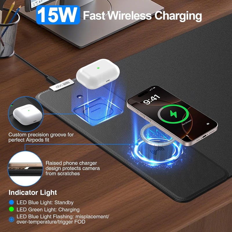 abc.mat Magnetic Wireless Charging Mouse Pad, 27.5"x11.8" Gaming Desk Mat for Keyboard/Laptop, Non-Slip Base & 20W PD Adapter, Waterproof Smooth Desk Writing Pad for Gamer, Office & Home, Black - Image 2